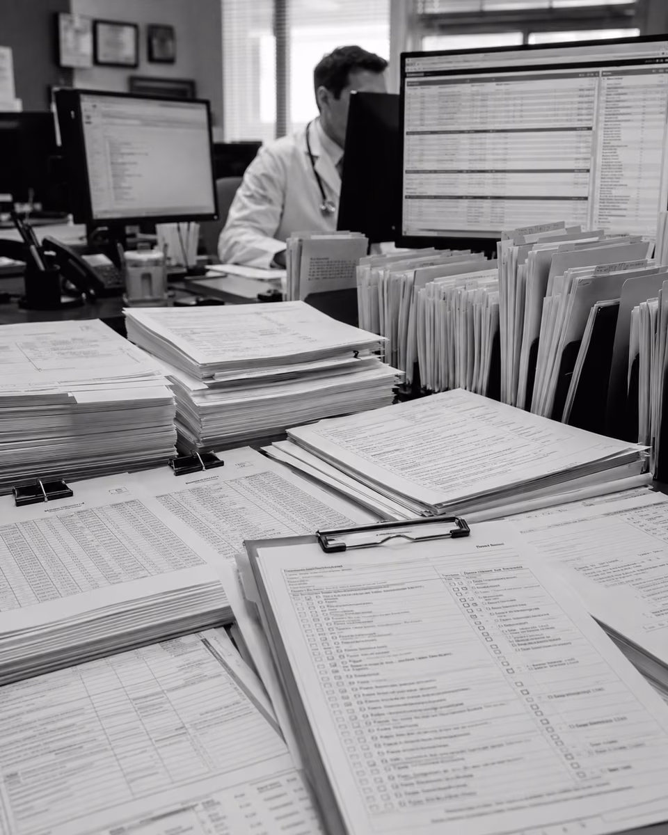 Medical staff surrounded by stacks of paper records and administrative forms